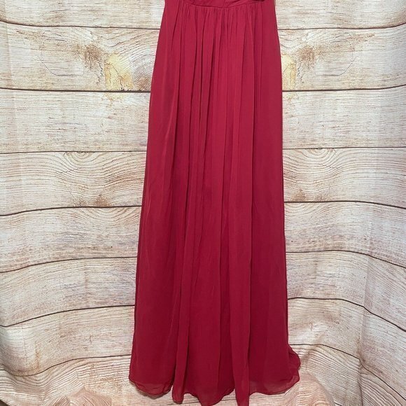After Six Parisian Red K505 One Shoulder Chiffon Shirred Front Slit Maxi Gown‎ - Picture 5 of 9
